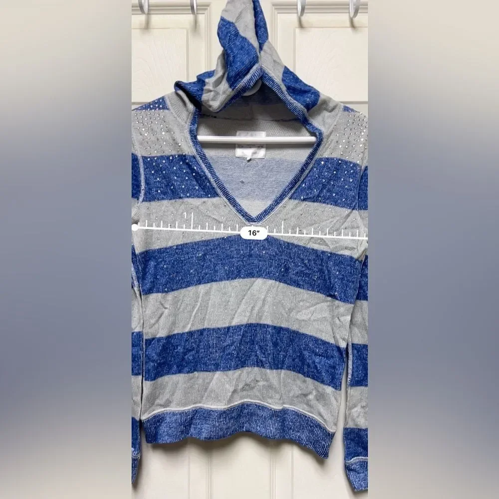 Justice‎ Girls Blue Gray Striped Rhinestone V-Neck Hoodie Sweater Size 14